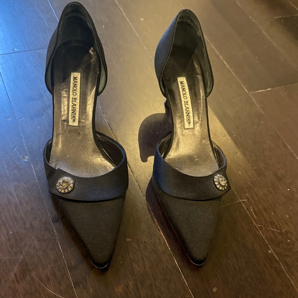 Manolo Blahnik Black Pointed Toe D'Orsay Pumps with Rhinestone Accent